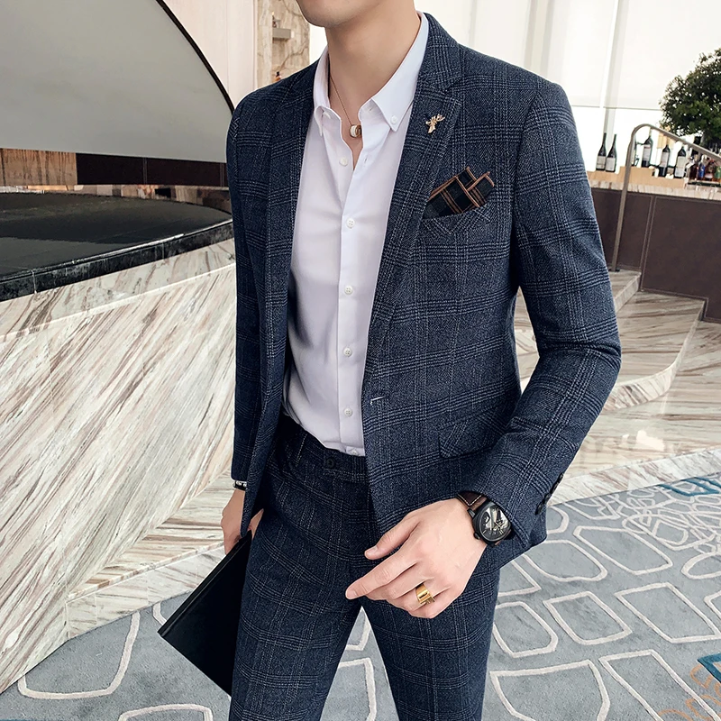 7XL (Jacket+Pants) 2023 New Men Suits 2 piece Plaid Suits Men Brand Slim Fit Groom Wedding Dress Suit Korean Business Blazers