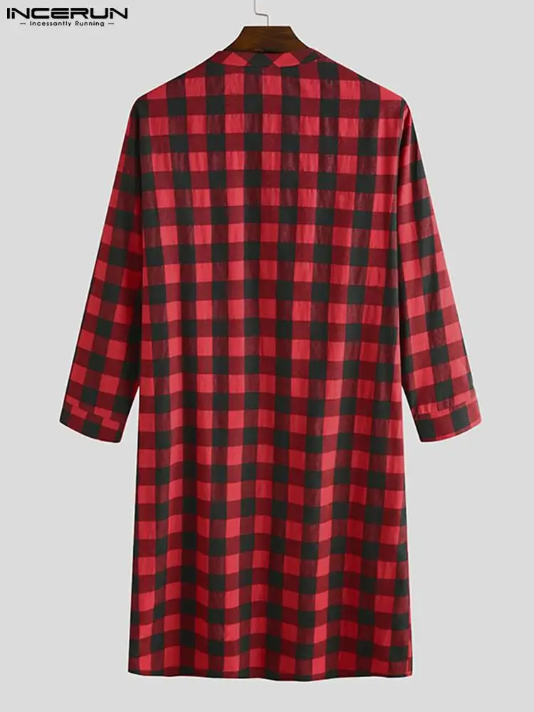 INCERUN 2023 New Men Sleep Robes Long Sleeve V Neck Plaid Nightgowns Man Button Loose Breathable Sleepwear Causal Long Bathrobes