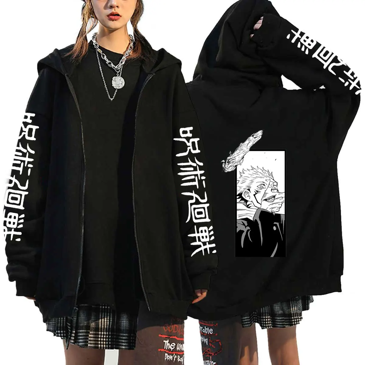 

Gojo Men's Hoodies Japanese Anime Jujutsu Kaisen Zip Hoodie Sweatshirts Tops Yuji Itadori Cartoon Style Hooded Collar Item Type