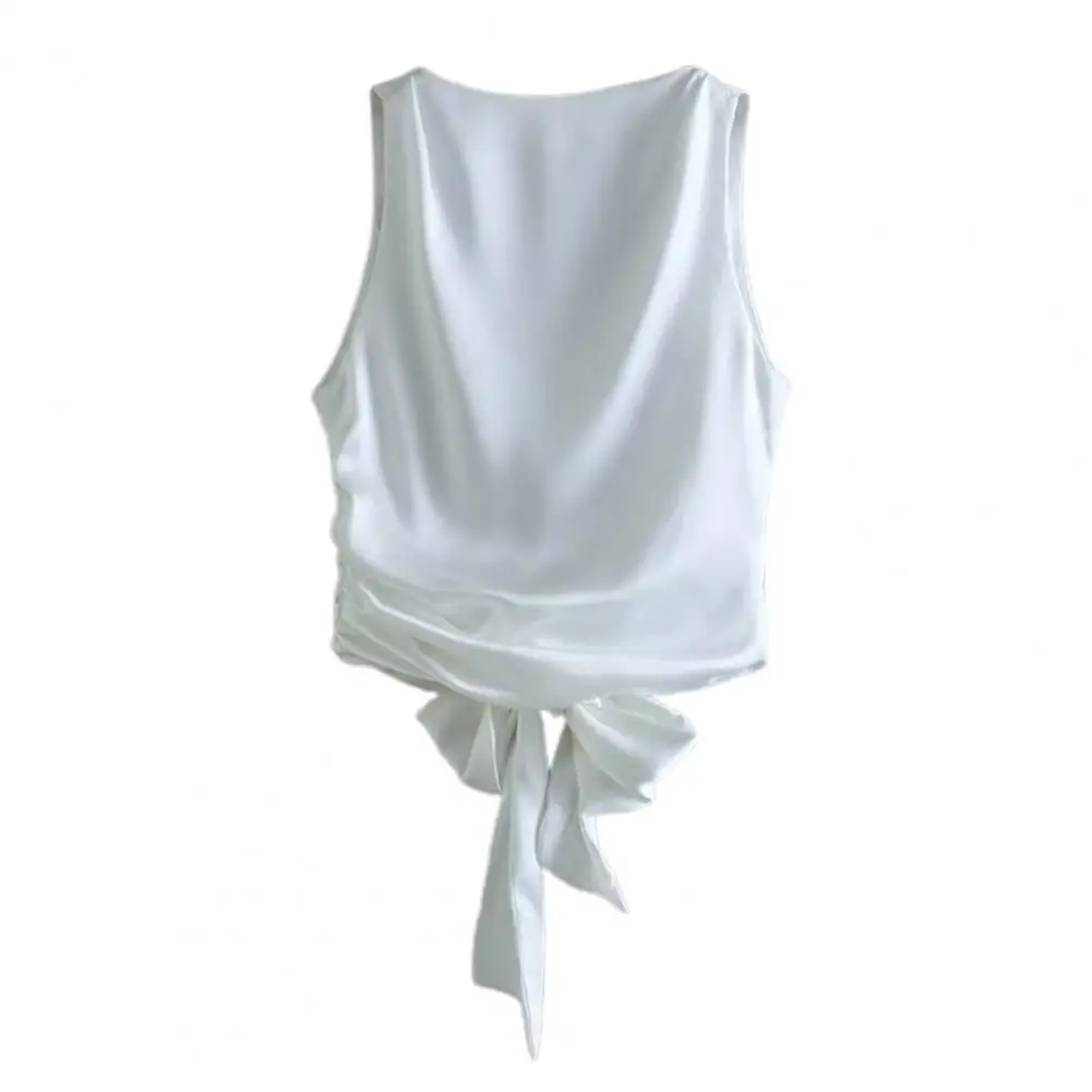 Летние женские сексуальные модные атласные майки с бантом и открытой спиной