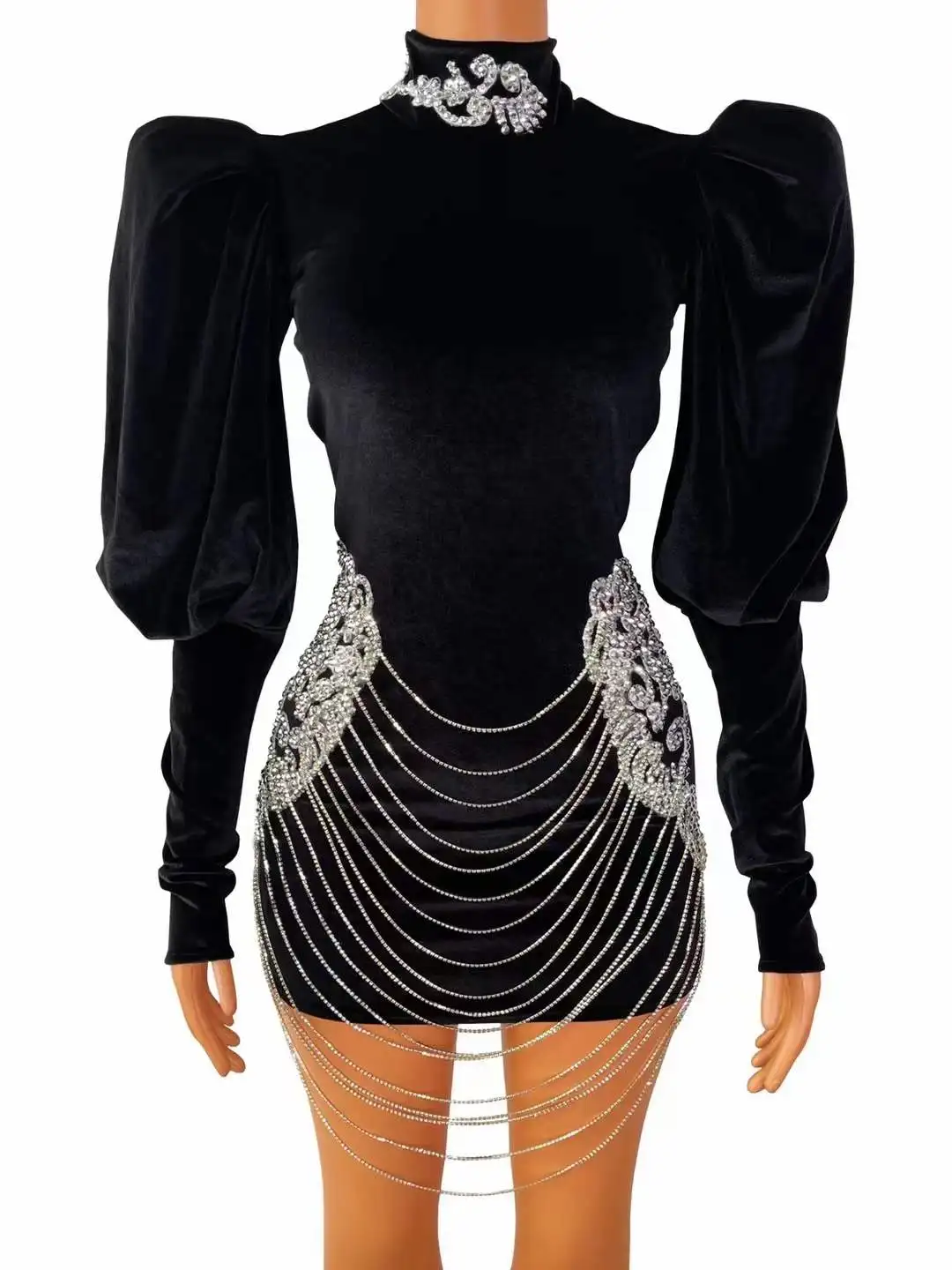 

Black Long Sleeve Women Velvet Dress Singer Stage Host Dancer Dress Elegant Rhinestone Diamond Chain Design Style High Neck