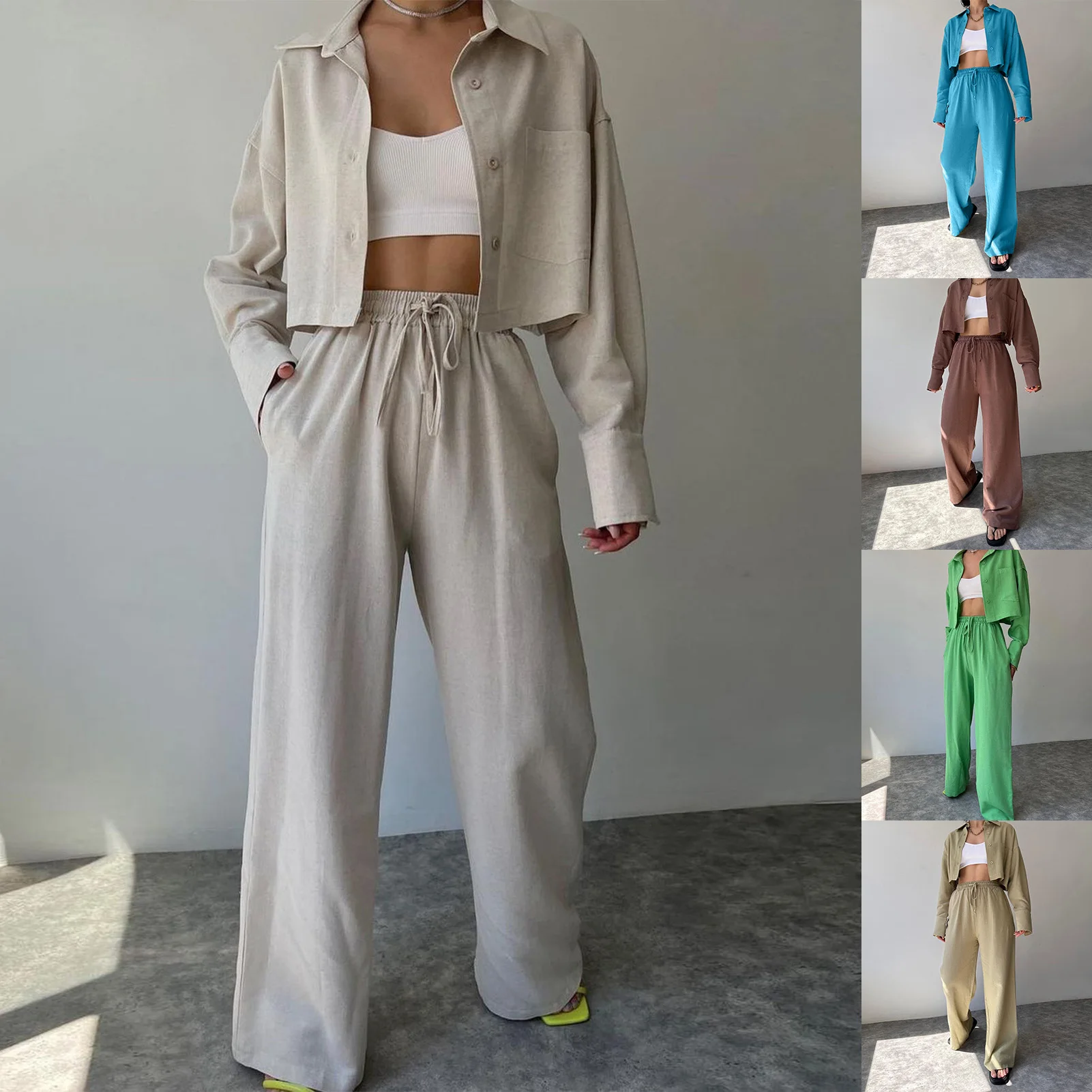 

Women Crop Tops Elastic Waist Pants Set Casual Button Blouse & Palazzo Pant Set Elegant Cozy Solid Color Spring Fall Clothes