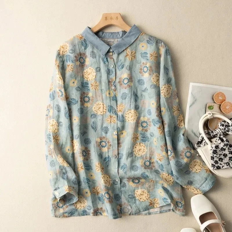 

Cotton Linen Shirt Female Spring and Summer New Fashion Literary Retro Chic Elegant Casual Floral Cardigan Blouse