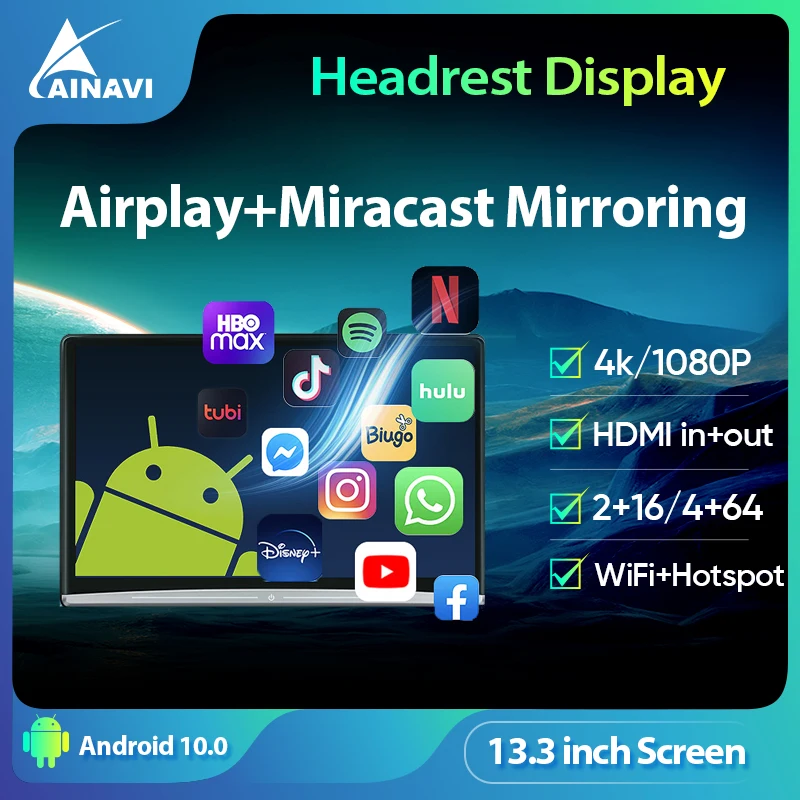 

13.3 Inch Car Headrest Monitor Touch Screen Android 10 4K 1080P WIFI Bluetooth USB SD HDMI Miracast Airplay Tablet Video Player