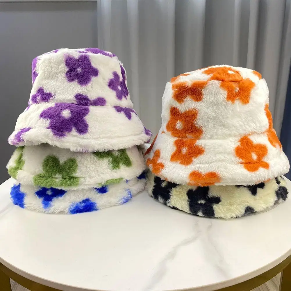 

2023 Women Winter Flower Plush Fisherman Hat Fluffy Cap Outdoor Basin Fur Warm Thick Femme Faux Bob Hats Bucket Bucket Hat E6G1