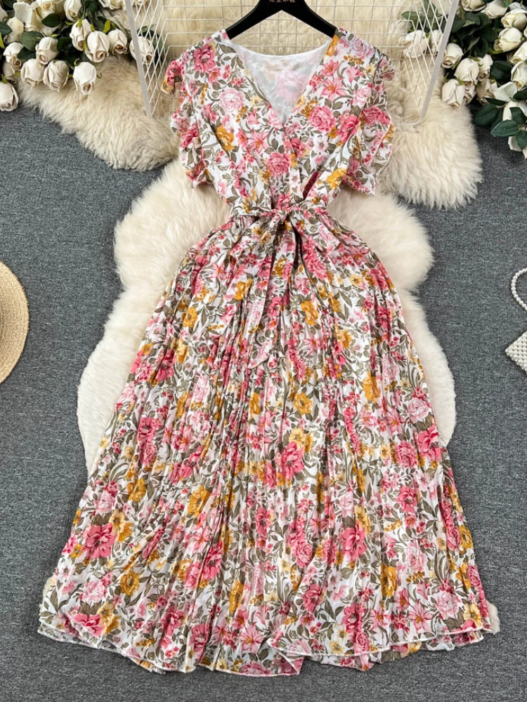 

Fashion New Floral Women Summer Dress Elegant Pleated Maxi Boho Holiday Party Birthday Vestidos Female One Pieces Robe Clothings