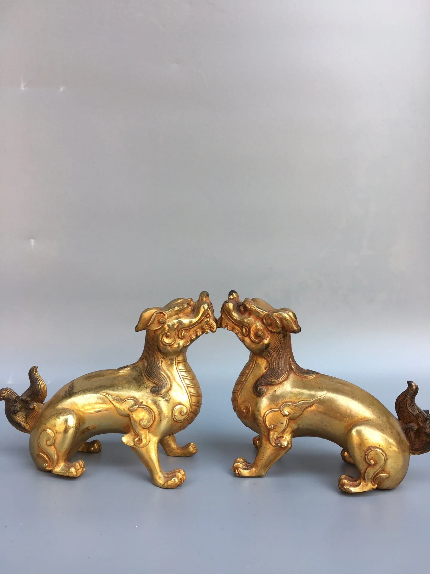 

6" Tibetan Temple Collection old bronze Gilt brave troops Unicorn Statue mythical beast a pair Gather fortune Town house