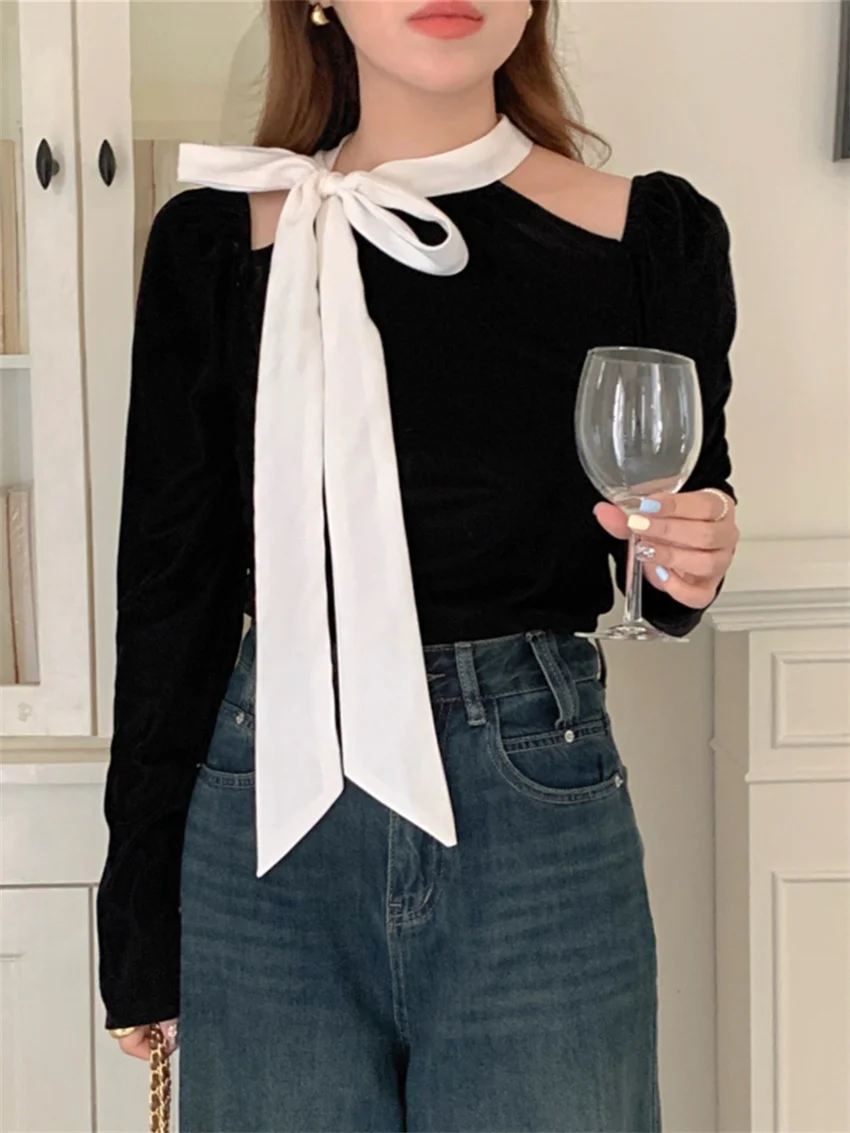 Черные блузки Alien Kitty женские свободные винтажные тонкие новые шикарные зимние с