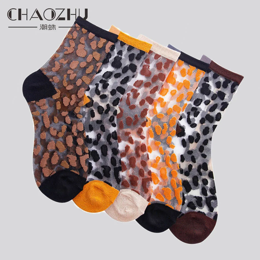 Chaozhu Spring Summer Transparent Crystal Silk Socks Women Sexy Leopard Grain Fashion Casual Breathable Calcetines Mujer