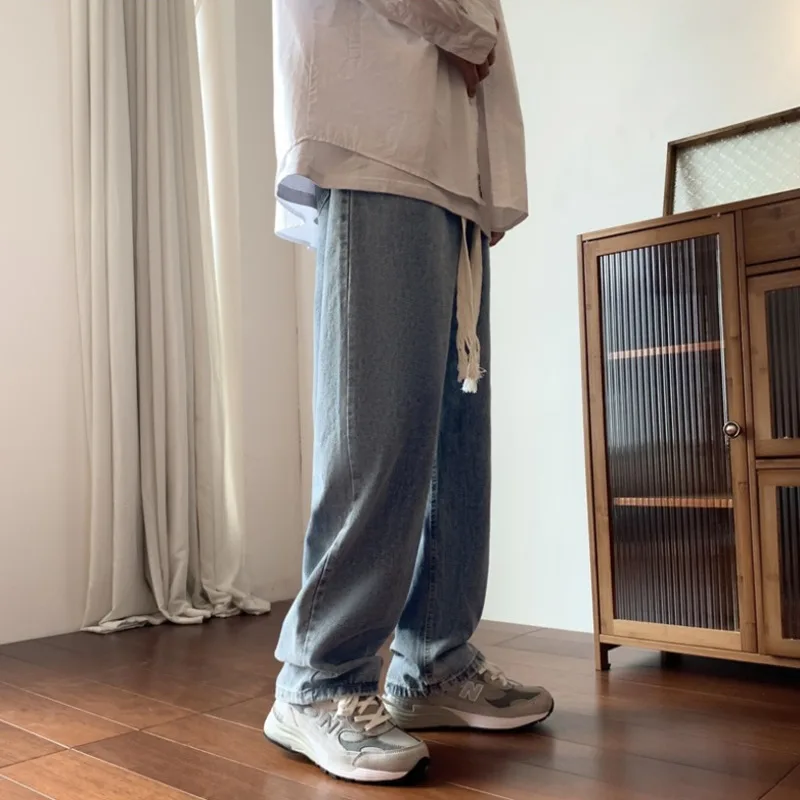 Blue Black Baggy Jeans Men Fashion Casual Drawstring Wide Leg Jeans Men Streetwear Hip Hop Loose Straight Denim Trousers Men