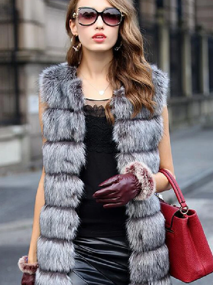 FMFSSOM Winter New Women Faux Fox Fur Coat Fashion Casual Thick Warm Sleeveless Solid Patchwork Mid-Calf Faux Fur Coat