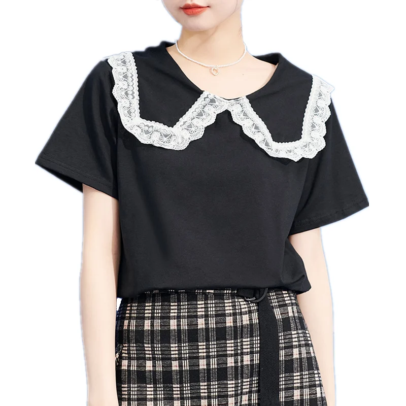 

2022 Summer New Women Lace Ruffled Sailor Collar Short Sleeve T Shirt Casual All-match Tshirt Sweet Girls Kawaii Tee Shirts