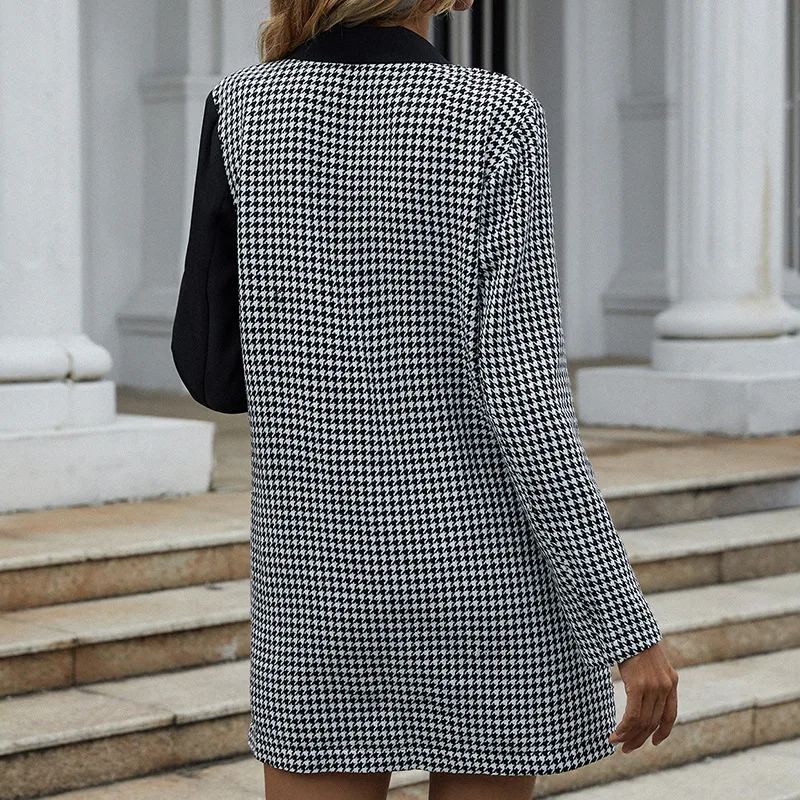 2021 Autumn and Winter Jacket European and American New Fashion Slim Suit Double-breasted Black and White Plaid Ladies Suit