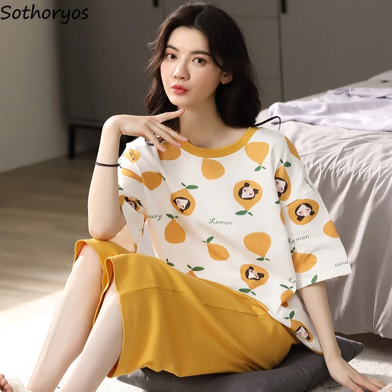 

Pajama Sets Women Calf-length Pants Summer Cotton Casual Cartoon Short Sleeve Tops Sleepwear Pijamas Womens Homewear Ulzzang New