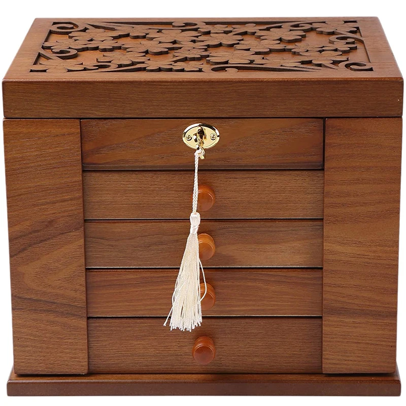 

Large Wood Jewelry Storage Box Large Capacity 360 Case Vintage Multi Layer Watches Jewelry Box with Lock Ring Earrings Display