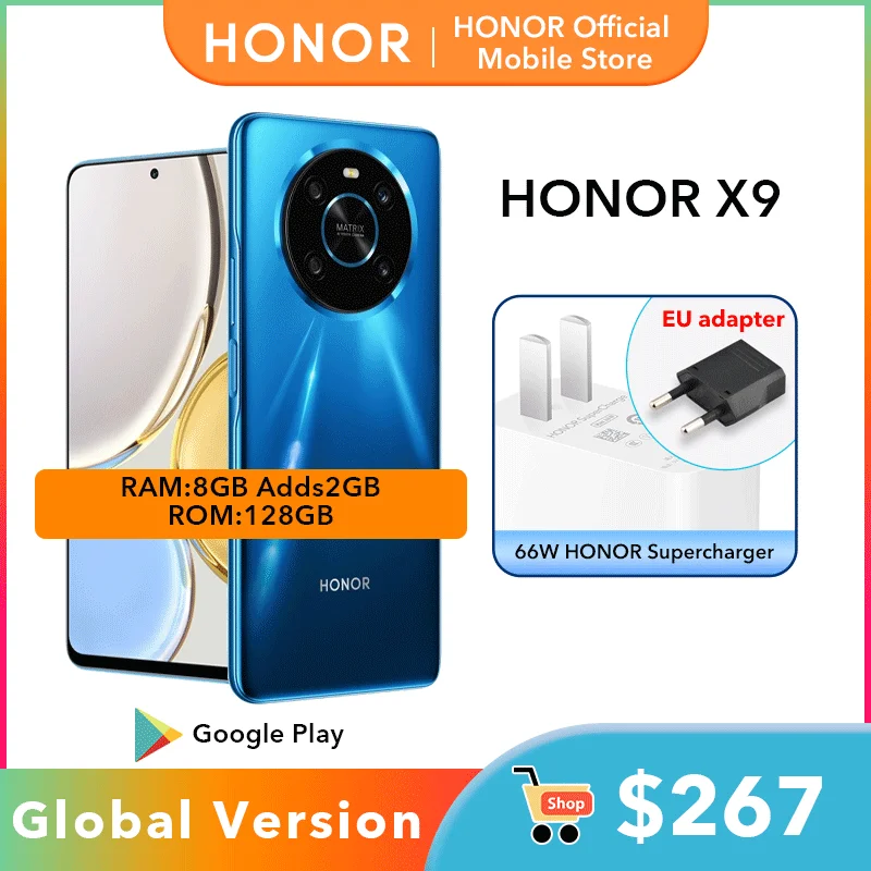 In Stock HONOR X9 66W Super Fast Charge Smartphone 6.81 Display Cell Phone 8GB 128GB 64MP Quad Camera Mobile