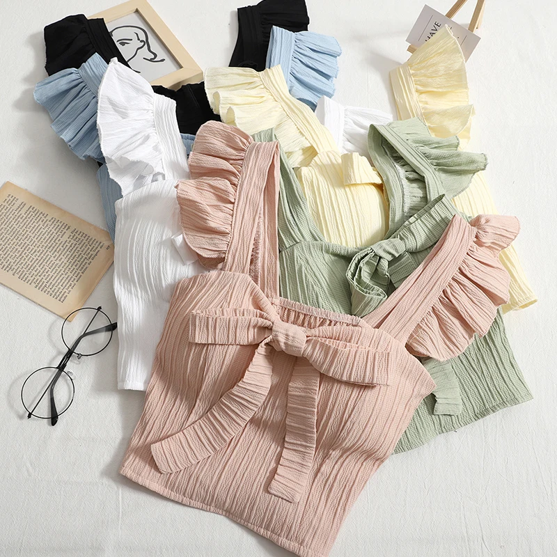 

Sweet Summer Solid Color Low Cut U-Neck Bowtie Ruffles Vest Suspenders Sleeveless Shirts Pleated Chiffon Tanks Folds Crop Tops
