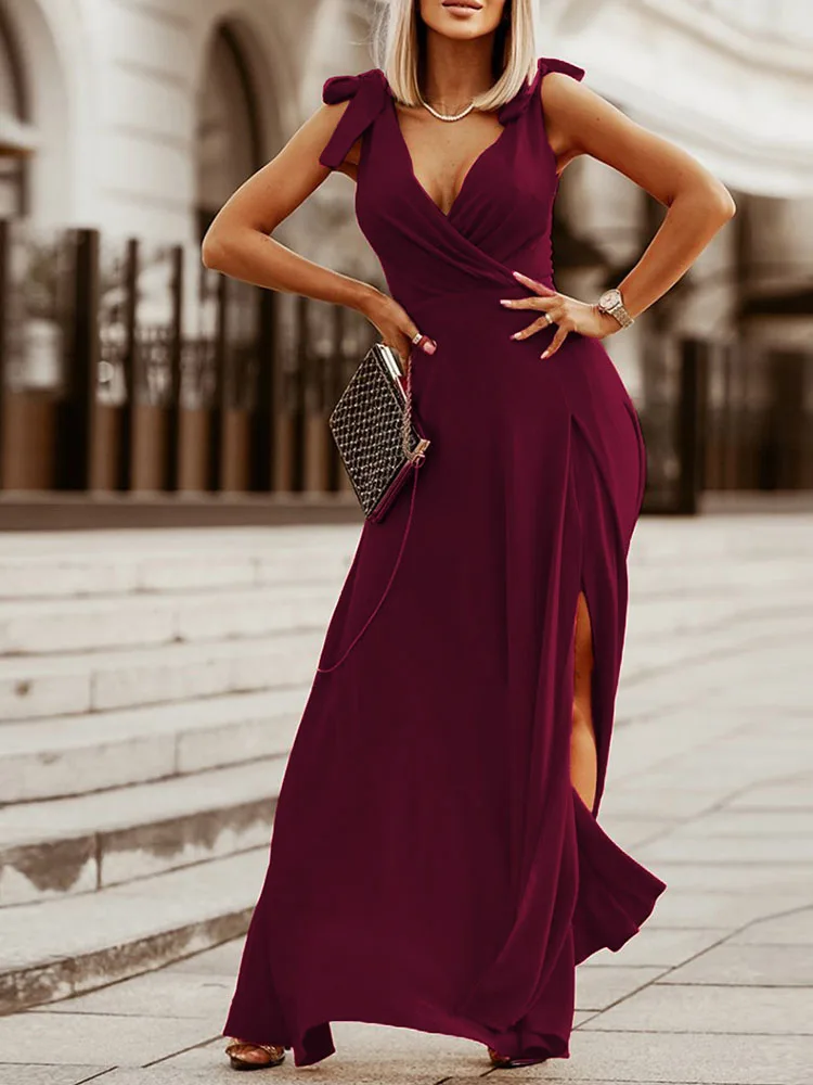 

Женское платье с запахом на груди, элегантное однотонное длинное вечернее платье вечерние разрезом, летнее плиссированное платье с высокой...