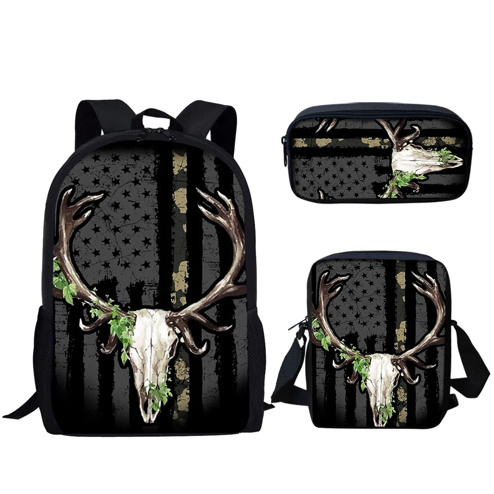 Belidome Kids School Backpack 3Set Camo Hunting American Flag Deer Print Lightweight Schoolbags for Teen Boys Casual Book Bags