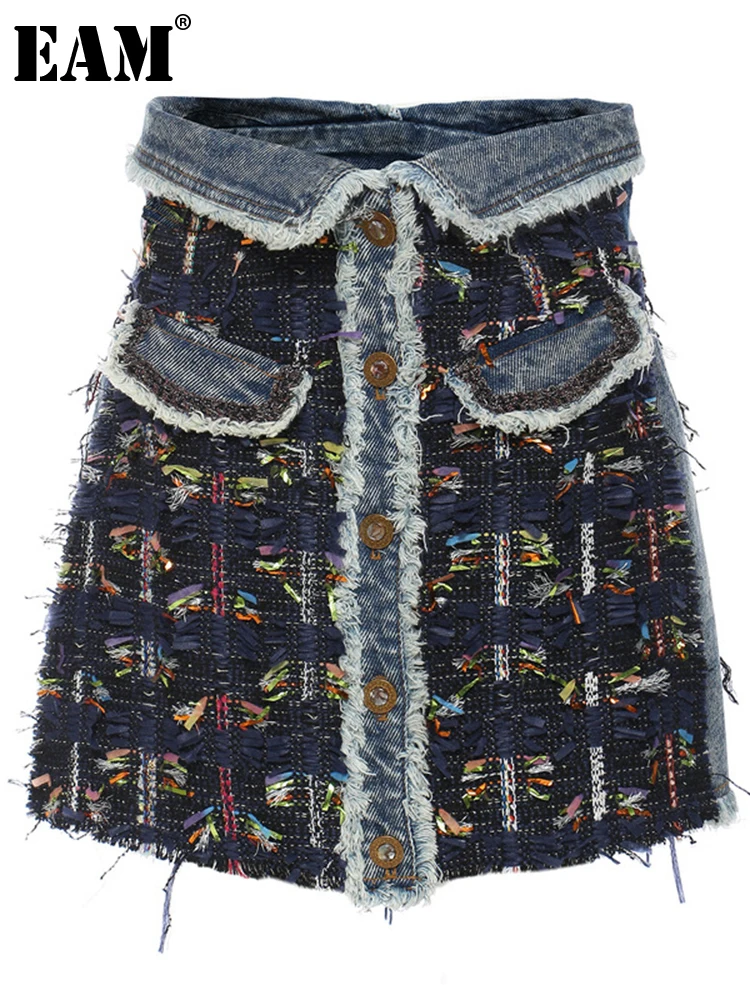 

[EAM] High Waist Blue Denim Ribbon Spliced Tweed Burr Mini Half-body Skirt Women Fashion Tide New Spring Autumn 2022 1DE2310