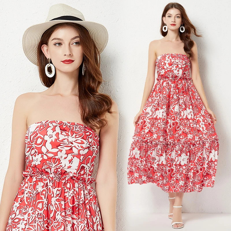 

2022 Women's Summer New High-end Temperament Print Wrap Chest Splicing Slim Fit High Waist Fashion Elegant Holiday Beach Dress