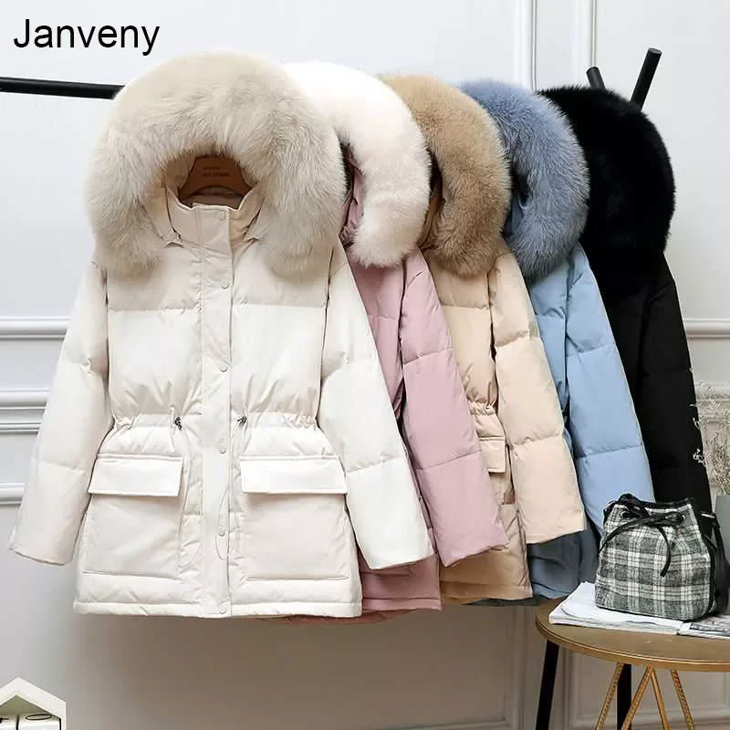 2022NEW New Winter Women Thick Warm Large Real Fur Hooded Down Jacket 90% White Duck Down Coat Waist Retractable Parker Overcoat