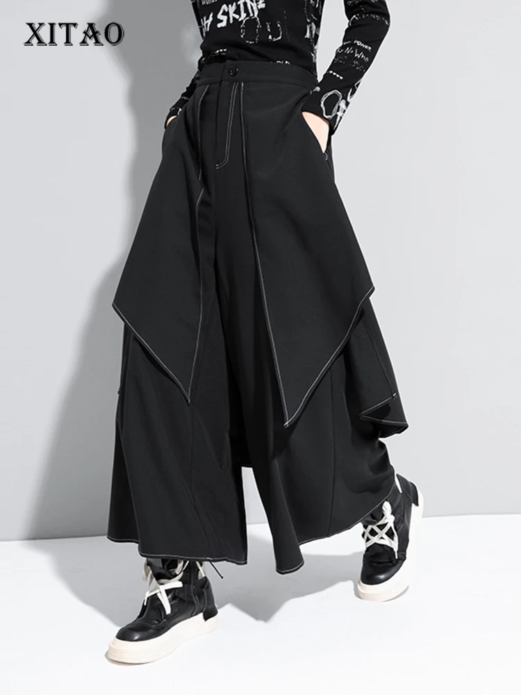 XITAO Black Fake Two Piece Pants Women Loose Fashion Simple Irregular All Match Streetwear 2020 New Autumn Wide Leg Pants ZP3534