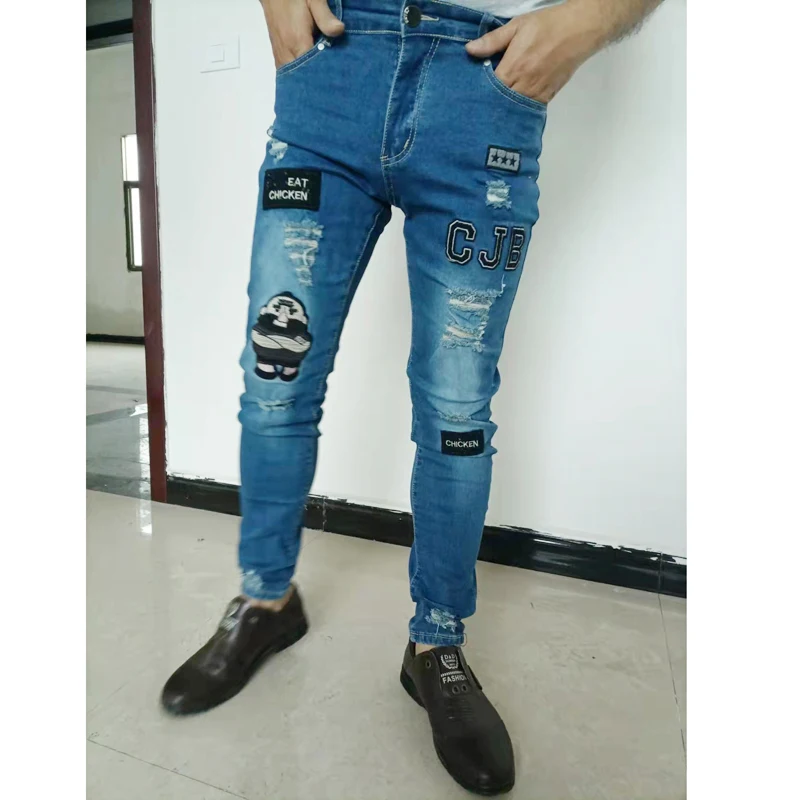 Men's Embroidered Ripped Jeans Skinny Slim Denim Trousers 2022 New Streetwear Hip Hop High Quality Black Jeans Men Clothing