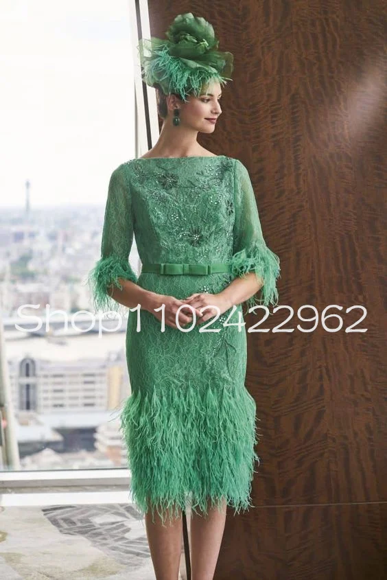 

Green Short Mother of the Bride Groom Dresses With Half Sleeve Lace Beaded Feather Great Gatsby Godmother Gown Outfit Wear