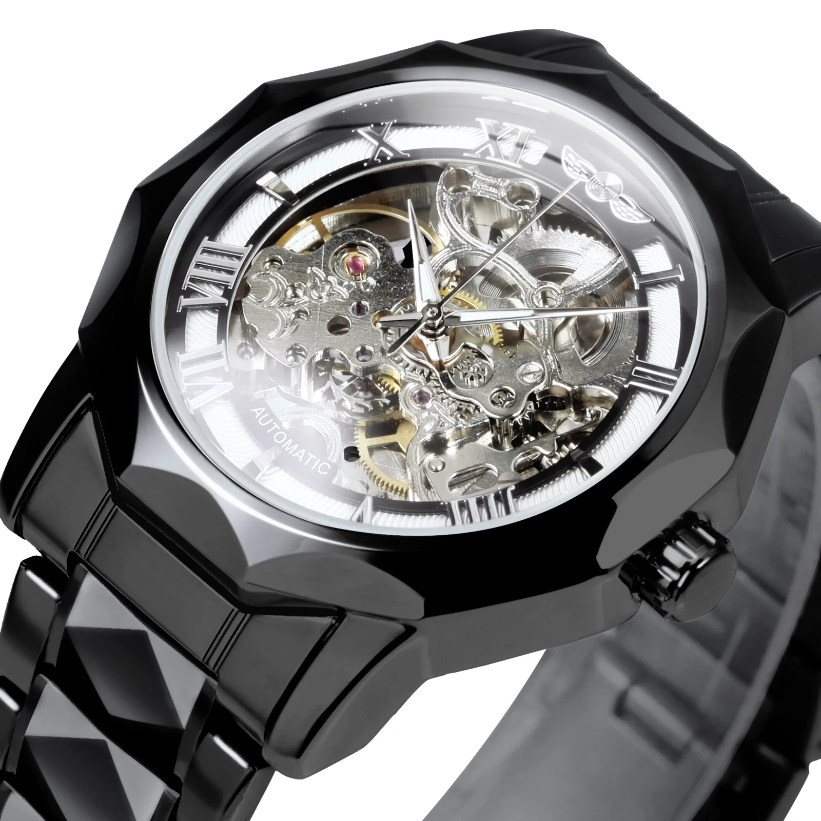 

WINNER Black Skeleton Automatic Watch for Men Luminous Hands Luxury Brand Irregular Mechanical Watches Stainless Steel Strap New