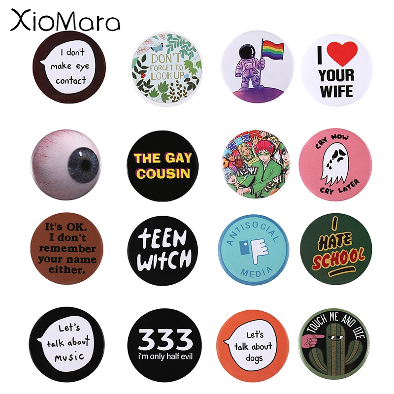 

SloganTinplate Soft Button Pin Book Junkie Opuntia Eyeball and Cry Ghost Brooch Metal Badge Collar Gift For Friend Kids Jewelry