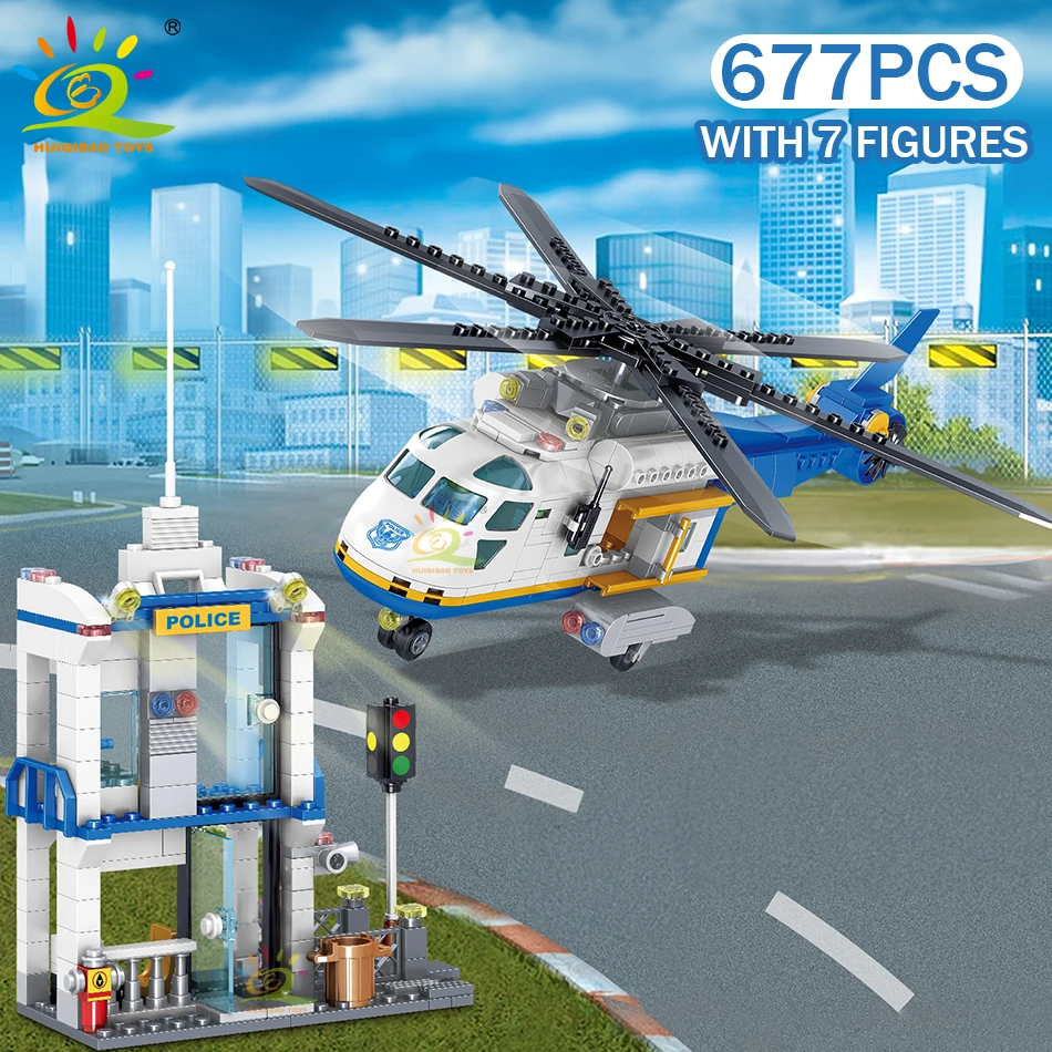 HUIQIBAO 677 шт городской полицейский участок вертолет строительные блоки набор мальчиков спецназ фигурки кирпичи развивающие игрушки для детей