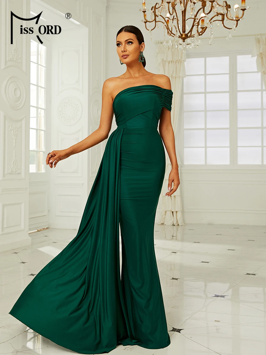 

Missord Elegant Guest Wedding Party Dress Women One Off Shoulder Ruched Draped Evening Floor Length Dresses Sleeveless Long Gown