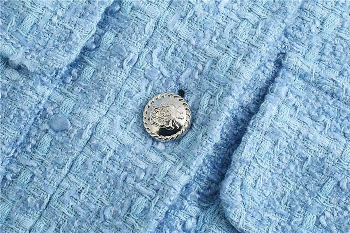 Blue Fashion Tweed Short Blazer Spring Autumn Women Simple Casual Single Button Blazer Indie Elegant Office Commute Streetwear