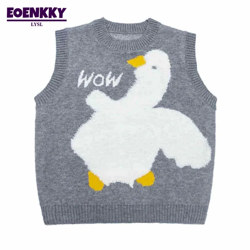 

Knitted Sleeveless Sweater Vest Women Cartoon Duck Pattern Street Loose Soft Jumpers Pullover Casual College Spring Autumn Tops