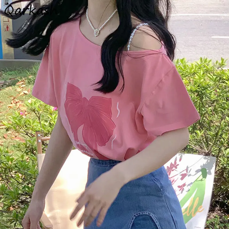 

Футболка женская с открытыми плечами, милый мешковатый топ с принтом для девушек, модная дизайнерская винтажная рубашка в Корейском стиле, ...