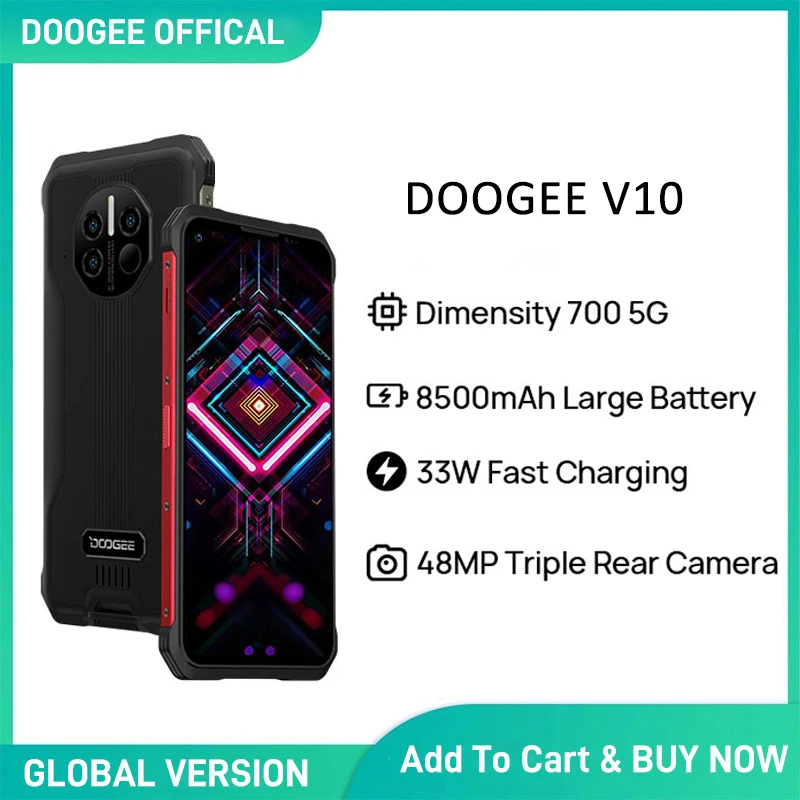 DOOGEE V10 Dual 5G Global Version Rugged Phone 8500mAh Battery 48MP Rear Camera 6.39DotDisplay 33W Fast Charging SmartPhone NFC