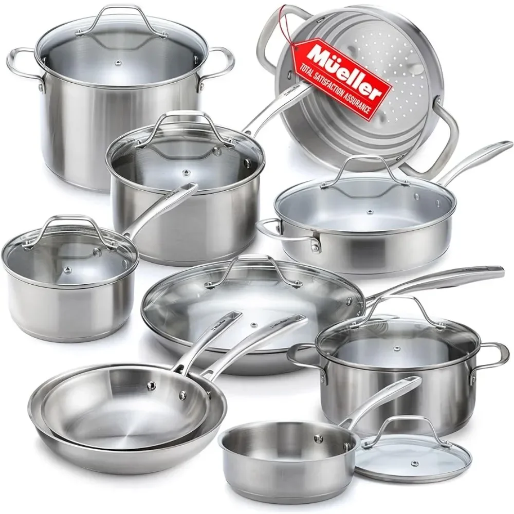 

Mueller Pots and Pans Set 17-Piece, Ultra-Clad Pro Stainless Steel Cookware Set, Ergonomic EverCool Handle, Includes Saucepans