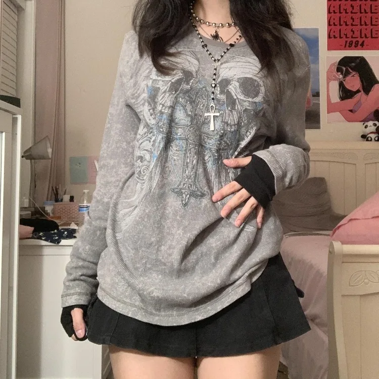 

Y2k Aesthetic 2023 Autumn Grunge T-shirt Casual Skulls Print Long Sleeve Oversize T Shirt Harajuku Vintage Loose Tee Shirt Femme
