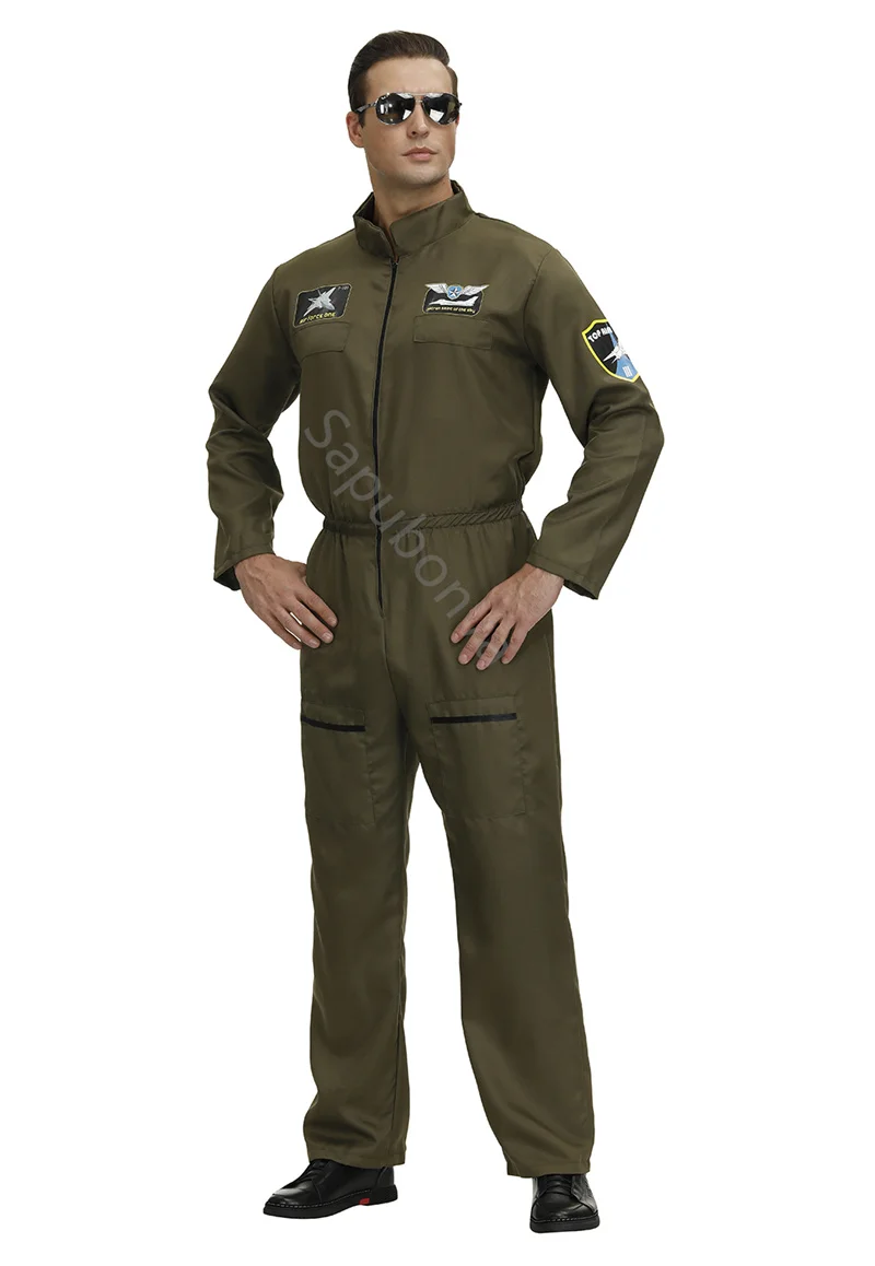 Men's Flight Suit Costume Military Fighter Pilot Jumpsuit Halloween Costume Cosplay One Piece Overalls ArmyGreen