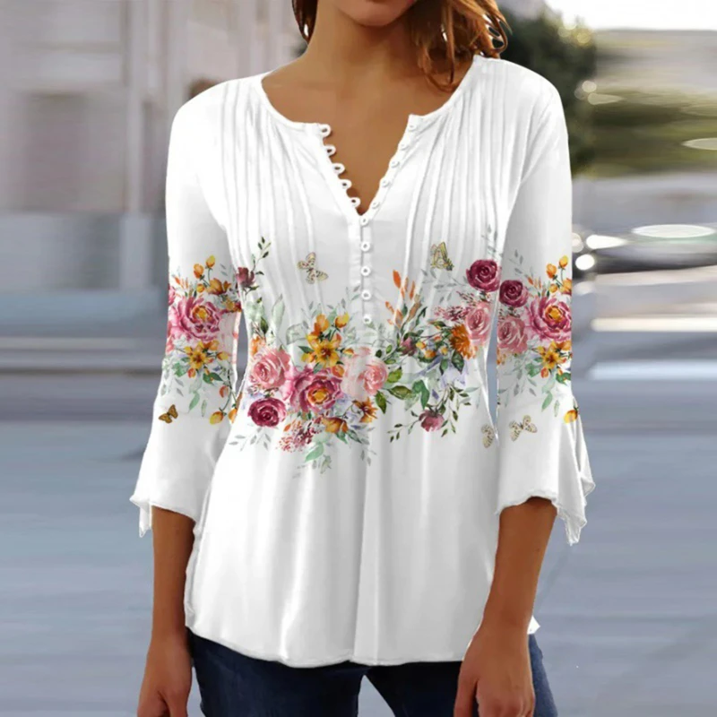 

V-Neck Printed Button Waist Tops T-Shirt Women Shirt Casual Loose Long-Sleeved Shirt Elegant Printed Temperament Tops 2023 New