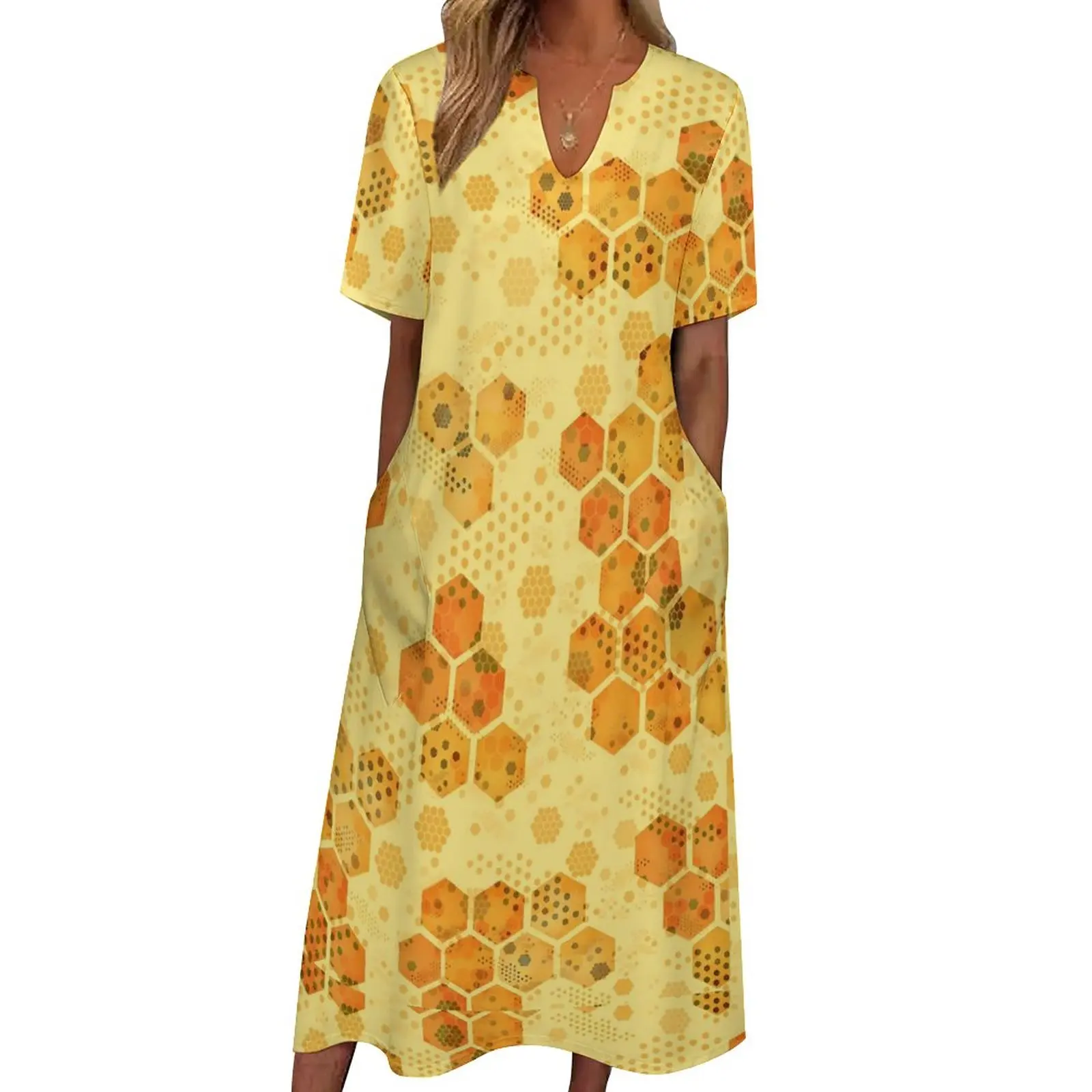 

Bee Hives Dress Geometric Print Elegant Maxi Dress Aesthetic Bohemia Long Dresses Summer V Neck Graphic Vestido 3XL 4XL 5XL