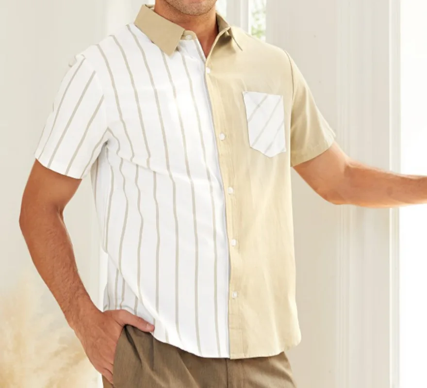 

Summer Mens White Patchwork Short Sleeve Button Up Shirt Fashion Man Hawaiian Slim Fit Casual Vintage Cotton Striped Shirts Men