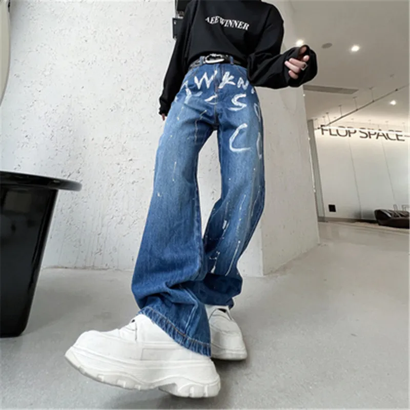 Men Jeans Loose Wide Leg Pants Graffiti Baggy Pants Men High Street Cool Male Denim Blue Trousers Korean Style Men Clothes Fall