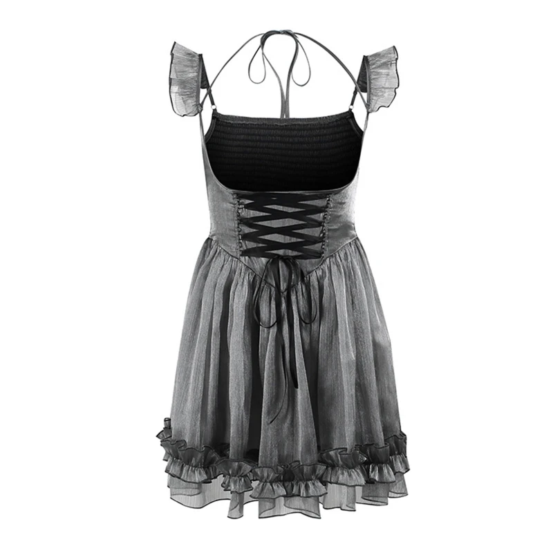 

Women Goth Sleeveless Halter Open Bust Bandage Corset Ruffled A-Line Mini Dress