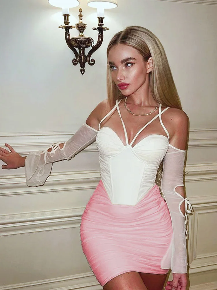 

Elegant Mesh Long Sleeve White Corset Top Women Backless Halter Y2K Crop Top Fashion Sexy Bodycon Clubwear Party Tank Top Shirt