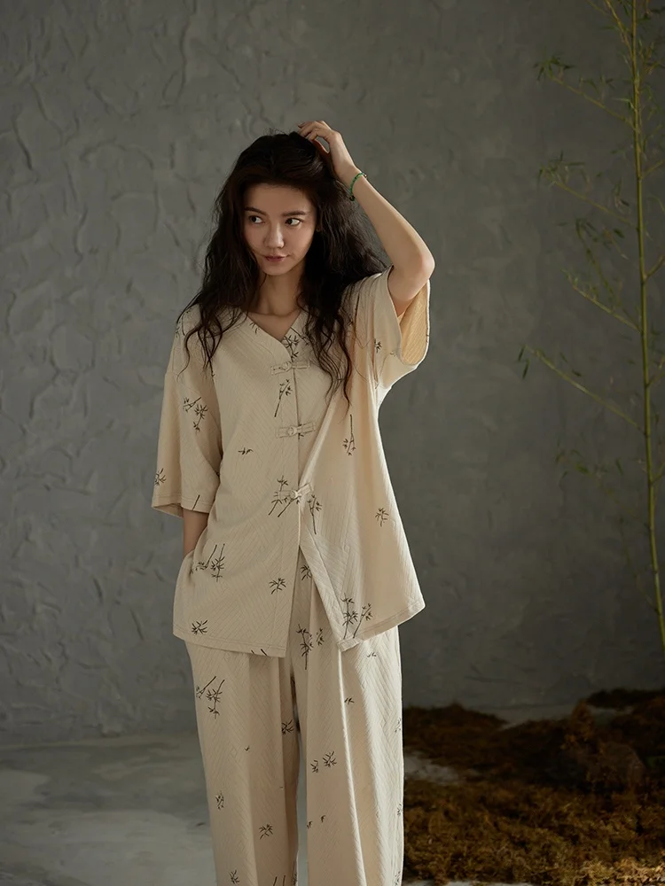 Пижама Qiaoweini женская летняя Трикотажная хлопковая Новая китайская бамбуковая с