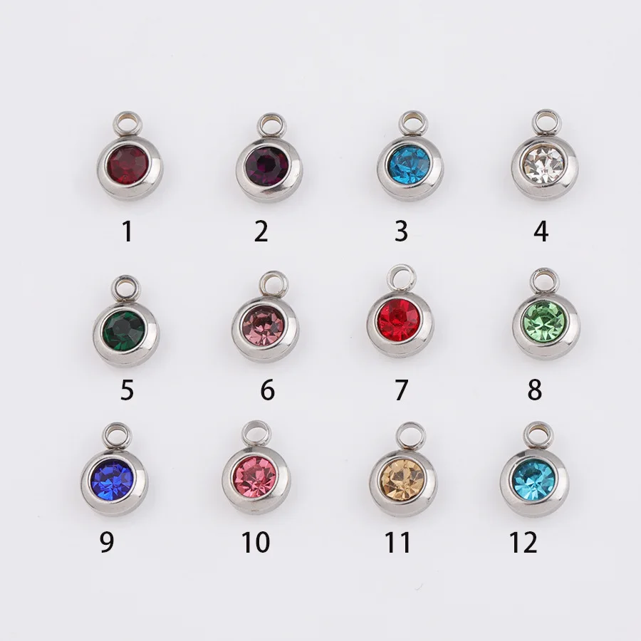 

60Pcs/Lot Stainless Steel Birthstone Charms 6.5mm Rhinestones Month Birthstone Charm Bead For DIY Jewelry Making Necklace