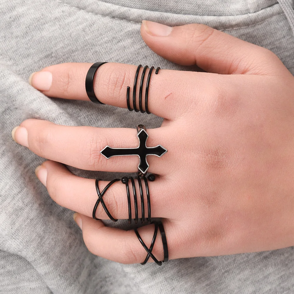 

Fashion Black Color Chain Rings Set for Women Men Punk Simple Wide Chain Cross Joint Rings 2022 Trendy Jewelry Party Gifts