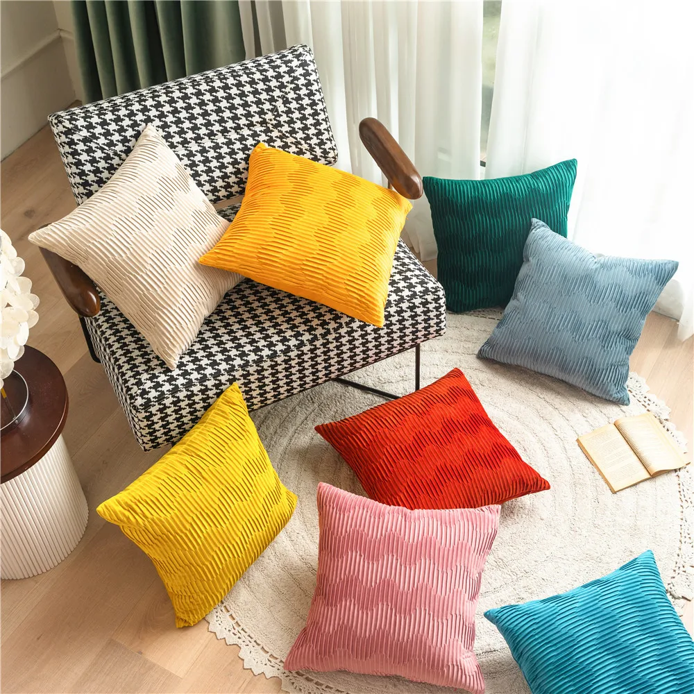 

Cushion Cover Thickened Dutch Velvet Wave Pressure Pleated Sofa Pillow Solid Color Craft Geometric Pleats Without Pillow Core